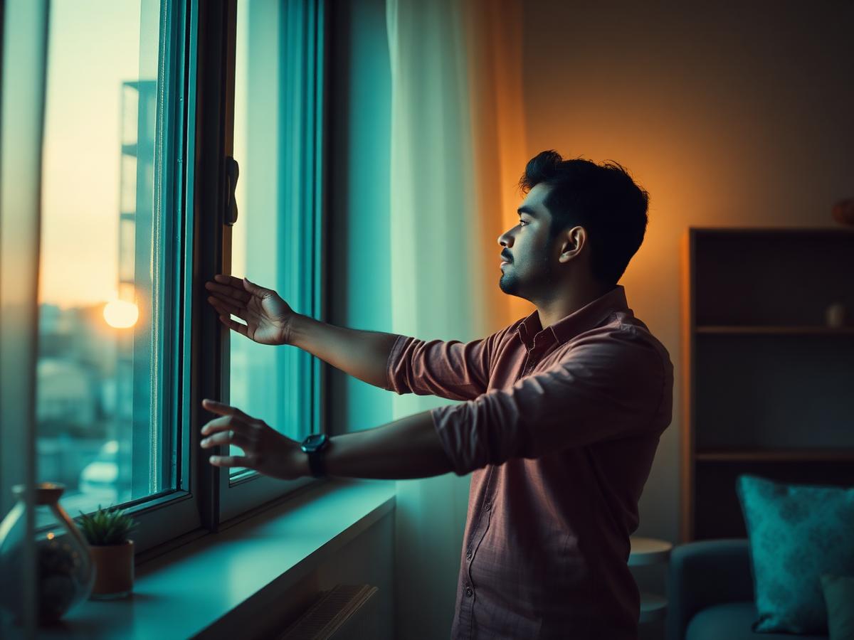 Night-shift professional stretching by a window at dawn